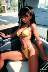 anime,busty,small tits,50s age,serious face,ginger,straight hair style,dark skin,film photo,car,side view,spreading legs,goth