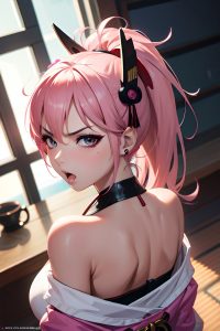 anime,busty,small tits,80s age,angry face,pink hair,ponytail hair style,dark skin,cyberpunk,church,close-up view,on back,geisha