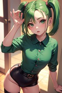 anime,busty,small tits,50s age,seductive face,green hair,pigtails hair style,light skin,film photo,prison,front view,t-pose,stockings