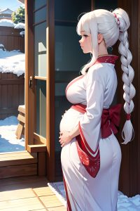 anime,pregnant,small tits,30s age,sad face,white hair,braided hair style,light skin,comic,snow,back view,massage,kimono