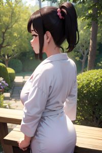 anime,chubby,small tits,50s age,ahegao face,brunette,ponytail hair style,light skin,3d,forest,back view,yoga,bathrobe