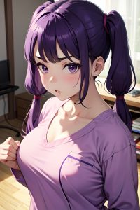anime,chubby,small tits,40s age,serious face,purple hair,pigtails hair style,light skin,charcoal,hospital,close-up view,yoga,pajamas