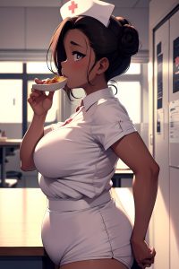 anime,chubby,small tits,20s age,sad face,ginger,slicked hair style,dark skin,soft + warm,office,side view,eating,nurse