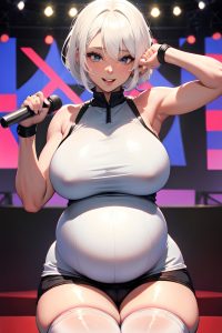 anime,pregnant,huge boobs,40s age,happy face,white hair,pixie hair style,dark skin,film photo,stage,close-up view,working out,stockings