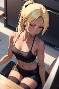 anime,skinny,small tits,30s age,angry face,blonde,ponytail hair style,dark skin,crisp anime,office,close-up view,sleeping,goth