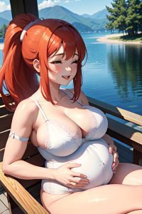anime,pregnant,huge boobs,60s age,happy face,ginger,ponytail hair style,light skin,film photo,lake,front view,sleeping,lingerie