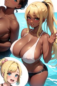 anime,chubby,huge boobs,70s age,happy face,blonde,ponytail hair style,dark skin,soft + warm,desert,close-up view,yoga,lingerie
