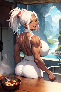 anime,muscular,huge boobs,50s age,laughing face,white hair,ponytail hair style,dark skin,film photo,cave,back view,cooking,nurse