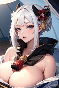 anime,busty,huge boobs,20s age,shocked face,white hair,bangs hair style,dark skin,warm anime,tent,close-up view,t-pose,geisha