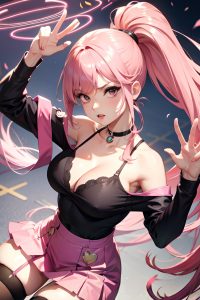 anime,busty,small tits,60s age,serious face,pink hair,ponytail hair style,light skin,vintage,club,front view,t-pose,stockings