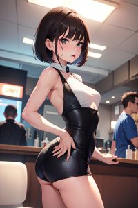 anime,busty,small tits,20s age,angry face,brunette,bobcut hair style,light skin,charcoal,club,back view,t-pose,nurse