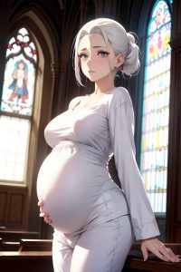 anime,pregnant,small tits,20s age,sad face,white hair,slicked hair style,light skin,black and white,church,front view,yoga,pajamas