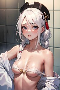anime,busty,small tits,18 age,sad face,white hair,braided hair style,light skin,film photo,shower,close-up view,plank,geisha