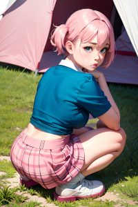 anime,chubby,small tits,70s age,pouting lips face,pink hair,pixie hair style,dark skin,film photo,tent,back view,squatting,schoolgirl