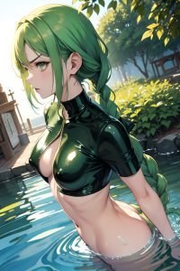 anime,skinny,small tits,20s age,angry face,green hair,braided hair style,light skin,watercolor,church,side view,bathing,latex