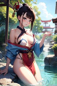 anime,busty,small tits,18 age,sad face,brunette,pixie hair style,light skin,comic,cafe,front view,bathing,geisha