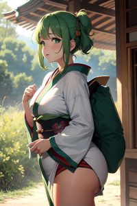 anime,chubby,small tits,40s age,sad face,green hair,pixie hair style,light skin,crisp anime,tent,front view,on back,kimono