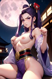 anime,muscular,small tits,60s age,angry face,purple hair,slicked hair style,light skin,crisp anime,moon,front view,yoga,geisha