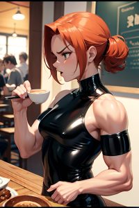anime,muscular,small tits,50s age,angry face,ginger,pixie hair style,dark skin,comic,cafe,side view,eating,latex