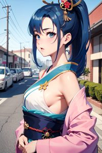 anime,busty,small tits,20s age,shocked face,blue hair,ponytail hair style,light skin,watercolor,car,side view,t-pose,geisha