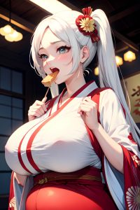 anime,pregnant,huge boobs,30s age,laughing face,white hair,pigtails hair style,light skin,vintage,stage,close-up view,eating,kimono