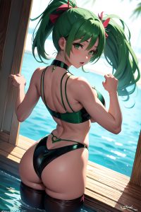 anime,busty,small tits,18 age,orgasm face,green hair,ponytail hair style,dark skin,painting,underwater,back view,t-pose,latex