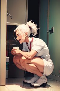 anime,muscular,small tits,20s age,laughing face,white hair,slicked hair style,dark skin,watercolor,bathroom,side view,squatting,nurse