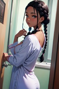 anime,busty,small tits,20s age,pouting lips face,black hair,braided hair style,dark skin,watercolor,bathroom,back view,t-pose,pajamas