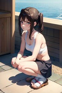 anime,skinny,small tits,20s age,serious face,brunette,pigtails hair style,light skin,charcoal,sauna,front view,squatting,schoolgirl