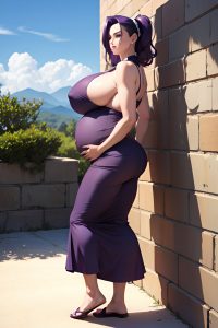 anime,pregnant,huge boobs,40s age,serious face,purple hair,slicked hair style,dark skin,charcoal,oasis,back view,bending over,maid