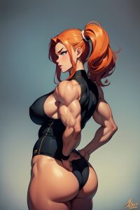 anime,muscular,huge boobs,70s age,pouting lips face,ginger,slicked hair style,dark skin,black and white,party,back view,plank,schoolgirl