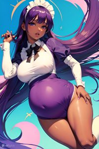 anime,pregnant,small tits,60s age,orgasm face,purple hair,bangs hair style,dark skin,skin detail (beta),oasis,front view,jumping,maid