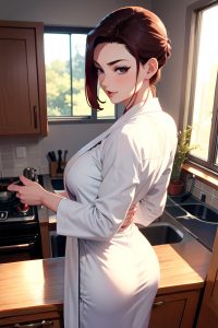 anime,muscular,small tits,30s age,ahegao face,ginger,slicked hair style,light skin,watercolor,kitchen,back view,gaming,bathrobe
