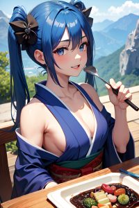 anime,muscular,small tits,40s age,happy face,blue hair,pigtails hair style,dark skin,dark fantasy,mountains,close-up view,cooking,kimono
