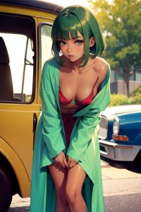 anime,skinny,small tits,20s age,pouting lips face,green hair,bangs hair style,dark skin,film photo,car,side view,bending over,bathrobe
