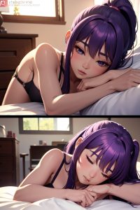 anime,busty,small tits,60s age,seductive face,purple hair,ponytail hair style,dark skin,3d,bedroom,side view,sleeping,schoolgirl
