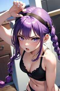anime,busty,small tits,40s age,angry face,purple hair,braided hair style,light skin,black and white,stage,close-up view,plank,bra