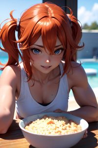 anime,muscular,small tits,40s age,happy face,ginger,messy hair style,dark skin,3d,snow,close-up view,eating,schoolgirl