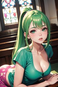 anime,busty,small tits,60s age,sad face,green hair,ponytail hair style,light skin,painting,church,close-up view,yoga,pajamas