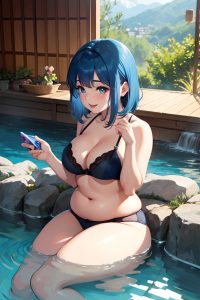 anime,chubby,small tits,30s age,happy face,blue hair,bangs hair style,light skin,charcoal,onsen,side view,gaming,bra