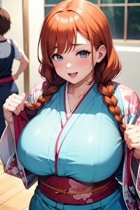 anime,chubby,huge boobs,50s age,happy face,ginger,braided hair style,light skin,soft anime,gym,close-up view,t-pose,kimono