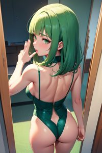 anime,skinny,small tits,30s age,pouting lips face,green hair,bangs hair style,light skin,mirror selfie,casino,back view,spreading legs,teacher