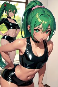 anime,busty,small tits,60s age,shocked face,green hair,ponytail hair style,dark skin,crisp anime,oasis,close-up view,bending over,latex