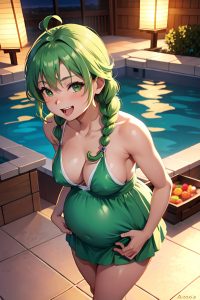 anime,pregnant,small tits,60s age,laughing face,green hair,braided hair style,light skin,vintage,hot tub,front view,cooking,mini skirt