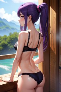anime,skinny,small tits,18 age,pouting lips face,purple hair,ponytail hair style,light skin,dark fantasy,sauna,back view,jumping,bra