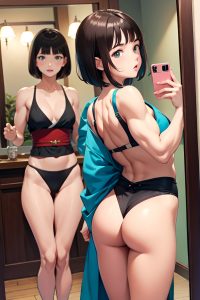 anime,muscular,small tits,40s age,shocked face,brunette,bobcut hair style,light skin,mirror selfie,cafe,back view,jumping,kimono