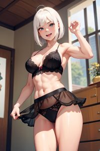 anime,muscular,small tits,50s age,laughing face,white hair,bobcut hair style,light skin,charcoal,oasis,front view,working out,lingerie