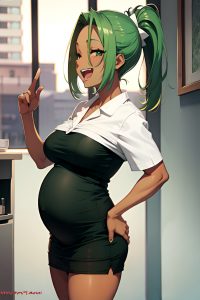 anime,pregnant,small tits,50s age,laughing face,green hair,slicked hair style,dark skin,black and white,bar,side view,cumshot,nurse