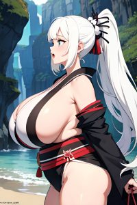 anime,chubby,huge boobs,18 age,shocked face,white hair,ponytail hair style,light skin,black and white,cave,side view,cumshot,kimono