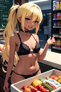 anime,busty,small tits,18 age,laughing face,blonde,ponytail hair style,dark skin,dark fantasy,grocery,front view,gaming,bra